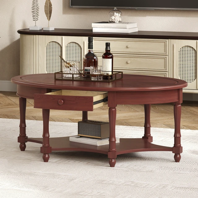 Alt view image 3 of 7 - Oval Coffee Table with Drawer and Storage Shelf, Cocktail Table in French Country Accent for Living Old SKU, Cherry