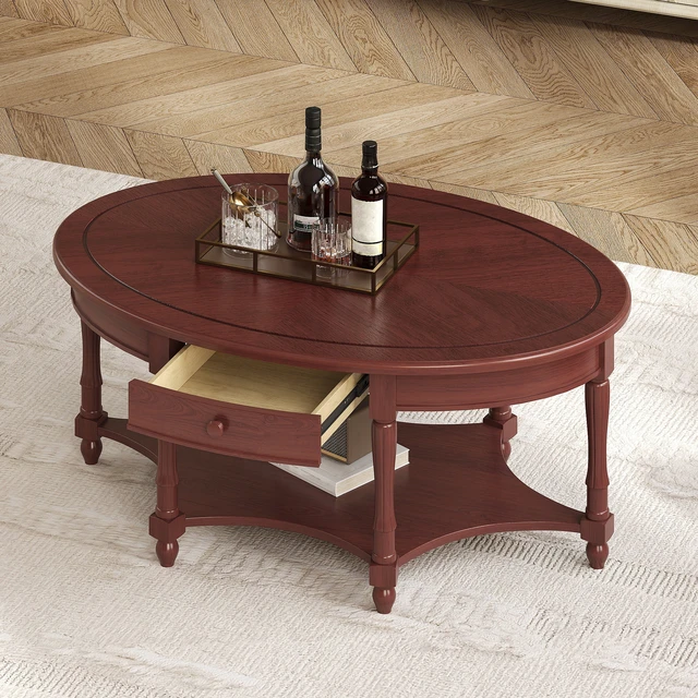 Alt view image 2 of 7 - Oval Coffee Table with Drawer and Storage Shelf, Cocktail Table in French Country Accent for Living Old SKU, Cherry