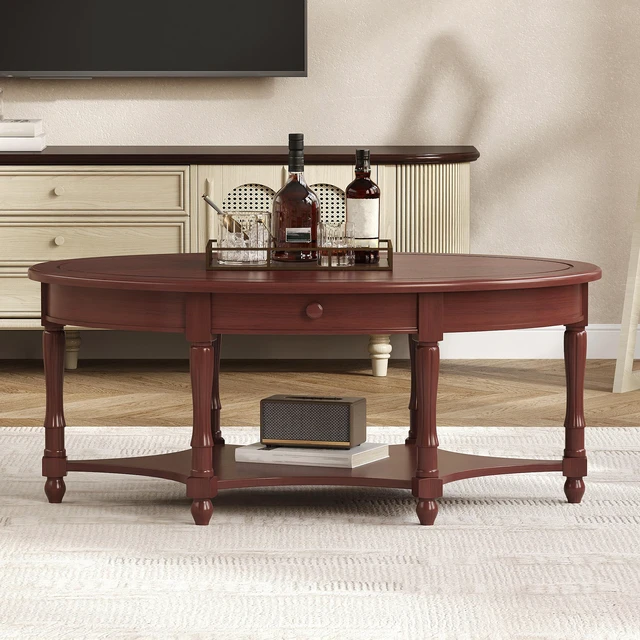 Main image of Oval Coffee Table with Drawer and Storage Shelf, Cocktail Table in French Country Accent for Living Old SKU, Cherry