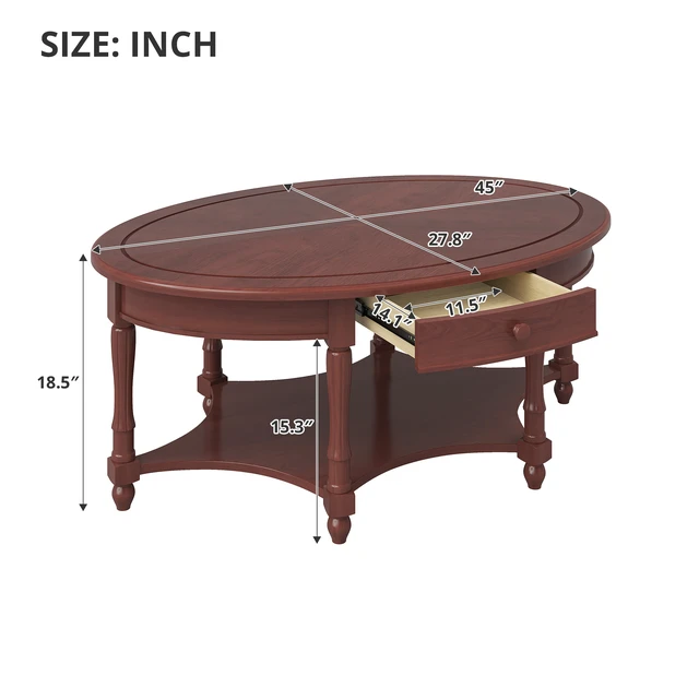Alt view image 4 of 7 - Oval Coffee Table with Drawer and Storage Shelf, Cocktail Table in French Country Accent for Living Old SKU, Cherry