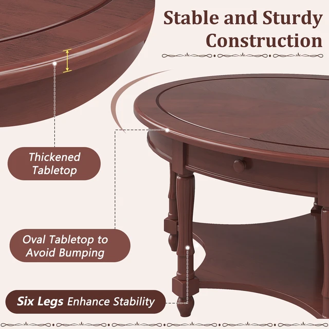 Alt view image 5 of 7 - Oval Coffee Table with Drawer and Storage Shelf, Cocktail Table in French Country Accent for Living Old SKU, Cherry