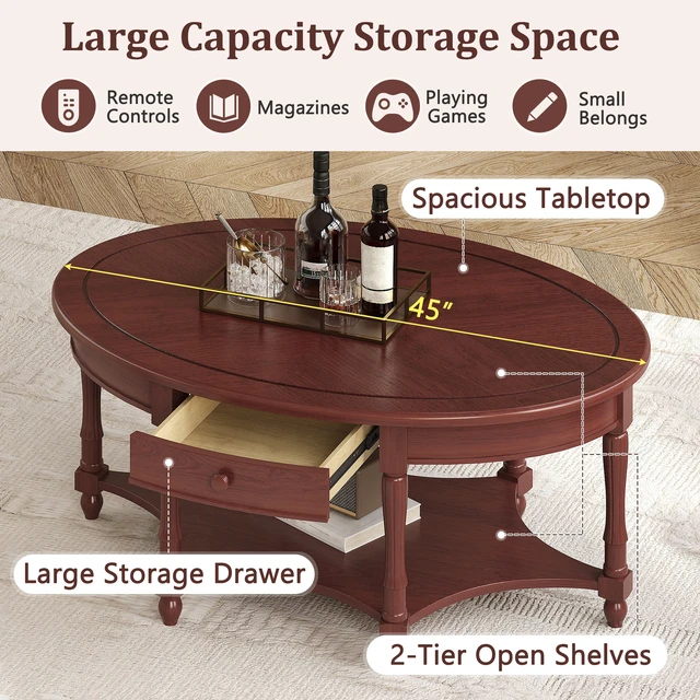 Alt view image 6 of 7 - Oval Coffee Table with Drawer and Storage Shelf, Cocktail Table in French Country Accent for Living Old SKU, Cherry
