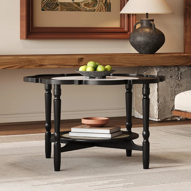 Alt view image 4 of 7 - Mid-Century Coffee Table with Petal Shape and Crackle Pattern Glass, Tiered Coffee Table with Rattan, Black, Rubber Wood