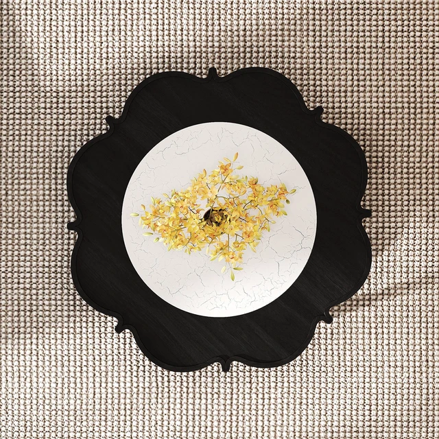 Alt view image 5 of 7 - Mid-Century Coffee Table with Petal Shape and Crackle Pattern Glass, Tiered Coffee Table with Rattan, Black, Rubber Wood