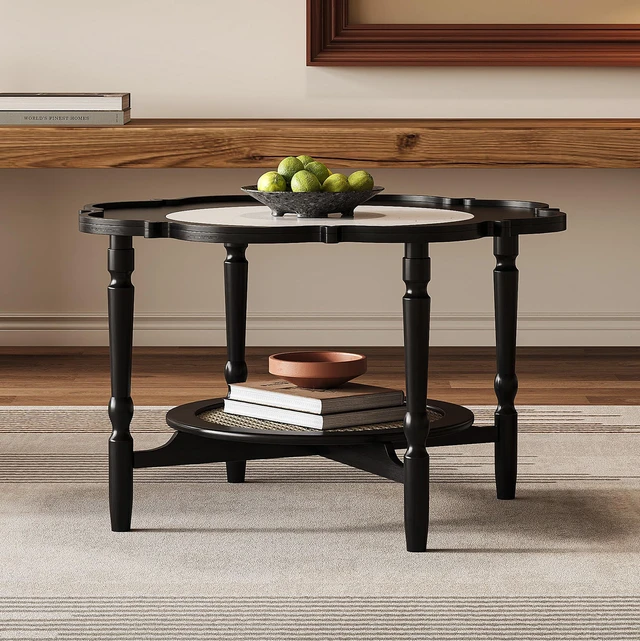 Alt view image 2 of 7 - Mid-Century Coffee Table with Petal Shape and Crackle Pattern Glass, Tiered Coffee Table with Rattan, Black, Rubber Wood
