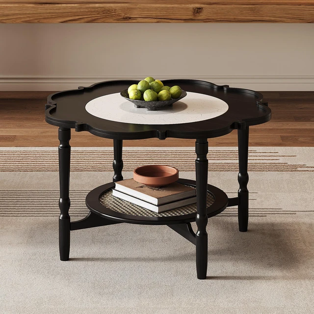 Main image of Mid-Century Coffee Table with Petal Shape and Crackle Pattern Glass, Tiered Coffee Table with Rattan, Black, Rubber Wood