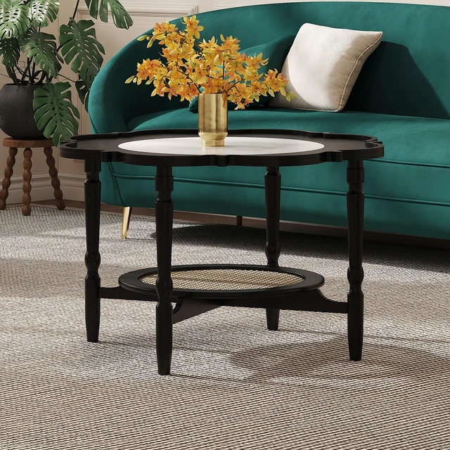 Alt view image 6 of 7 - Mid-Century Coffee Table with Petal Shape and Crackle Pattern Glass, Tiered Coffee Table with Rattan, Black, Rubber Wood