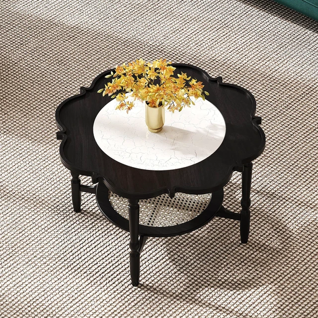 Alt view image 7 of 7 - Mid-Century Coffee Table with Petal Shape and Crackle Pattern Glass, Tiered Coffee Table with Rattan, Black, Rubber Wood