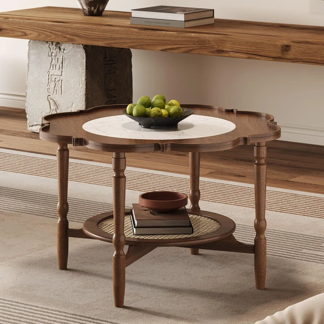 Alt view image 2 of 5 - Mid-Century Coffee Table with Petal Shape and Crackle Pattern Glass, Tiered Coffee Table with Rattan Old SKU, Walnut