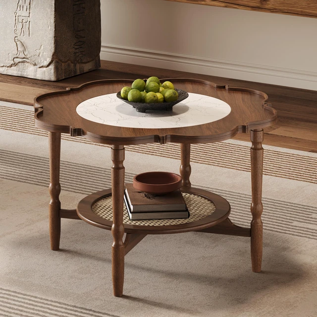 Alt view image 3 of 5 - Mid-Century Coffee Table with Petal Shape and Crackle Pattern Glass, Tiered Coffee Table with Rattan Old SKU, Walnut