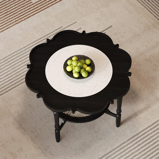 Alt view image 3 of 7 - Mid-Century Coffee Table with Petal Shape and Crackle Pattern Glass, Tiered Coffee Table with Rattan, Black, Rubber Wood