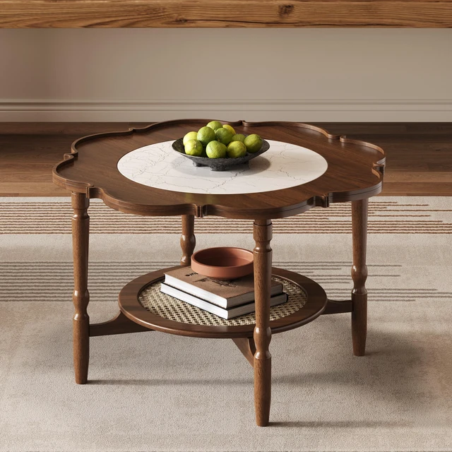 Main image of Mid-Century Coffee Table with Petal Shape and Crackle Pattern Glass, Tiered Coffee Table with Rattan Old SKU, Walnut