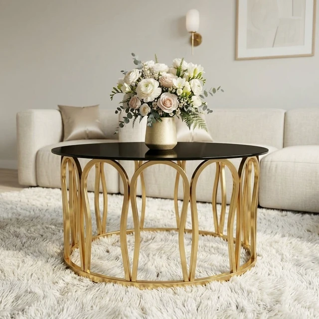 Alt view image 2 of 7 - Round Coffee Table, Glass Top Center Table with Golden Metal Frame Decorative Circle Tea for Living Decor, Black