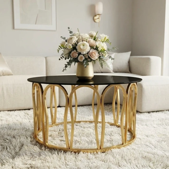 Alt view image 4 of 7 - Round Coffee Table, Glass Top Center Table with Golden Metal Frame Decorative Circle Tea for Living Decor, Black