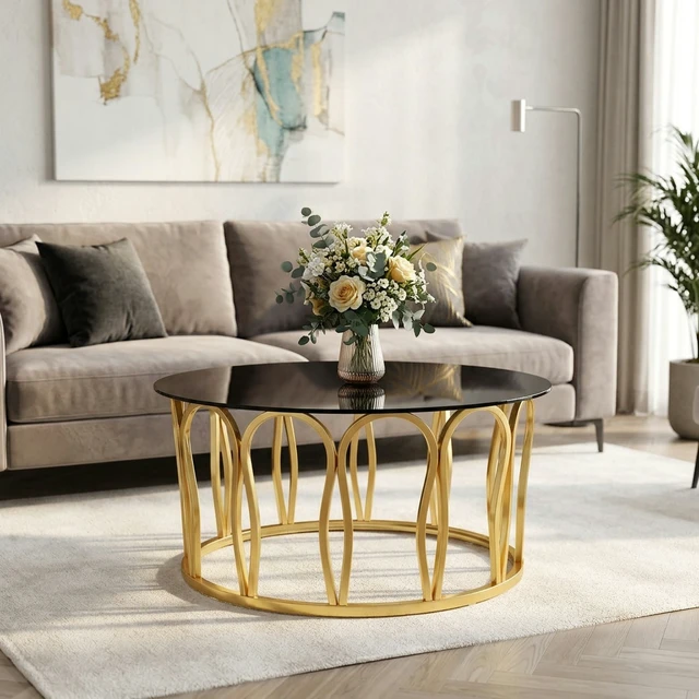 Alt view image 5 of 7 - Round Coffee Table, Glass Top Center Table with Golden Metal Frame Decorative Circle Tea for Living Decor, Black