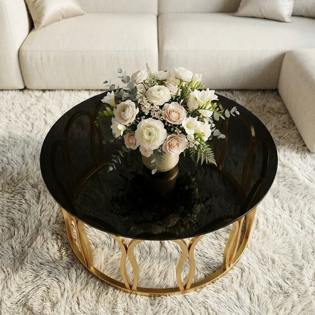 Alt view image 3 of 7 - Round Coffee Table, Glass Top Center Table with Golden Metal Frame Decorative Circle Tea for Living Decor, Black