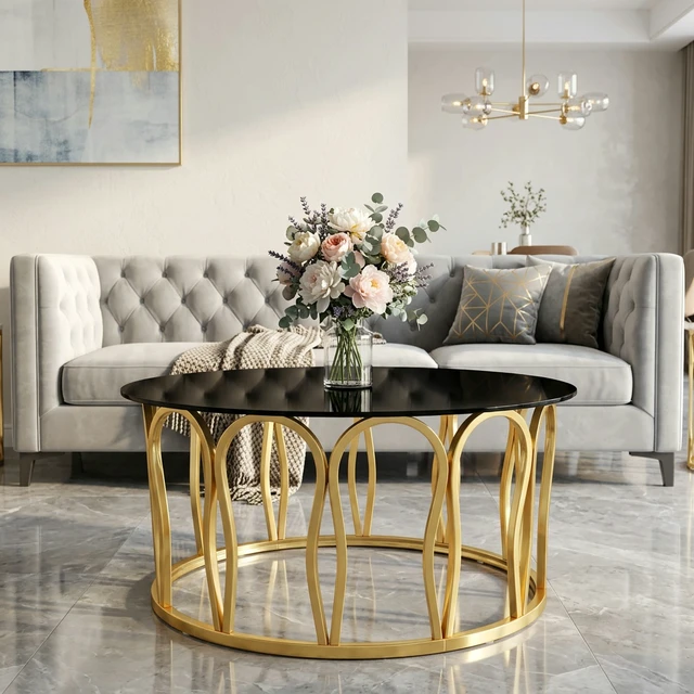 Alt view image 6 of 7 - Round Coffee Table, Glass Top Center Table with Golden Metal Frame Decorative Circle Tea for Living Decor, Black