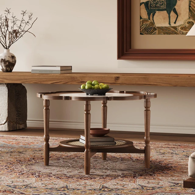 Alt view image 4 of 5 - Mid-Century Coffee Table with Petal Shape and Crackle Pattern Glass, Tiered Coffee Table with Rattan Old SKU, Walnut