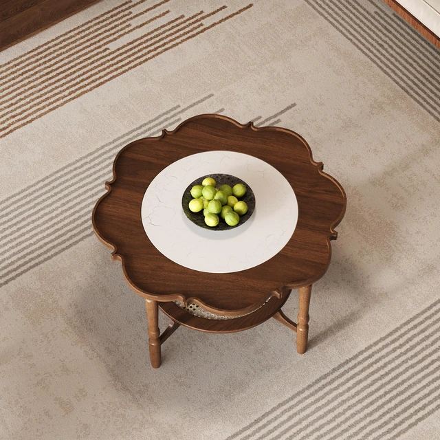 Alt view image 5 of 5 - Mid-Century Coffee Table with Petal Shape and Crackle Pattern Glass, Tiered Coffee Table with Rattan Old SKU, Walnut