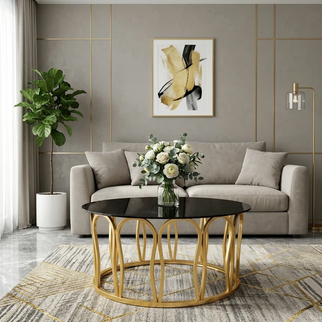 Alt view image 7 of 7 - Round Coffee Table, Glass Top Center Table with Golden Metal Frame Decorative Circle Tea for Living Decor, Black