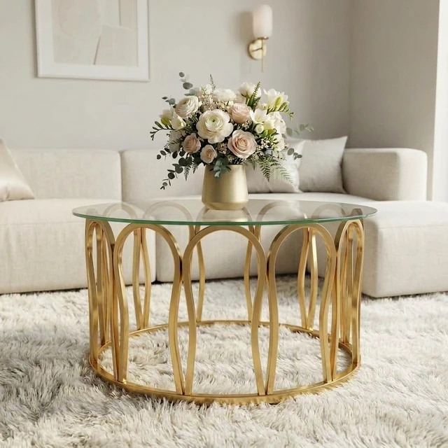 Alt view image 2 of 7 - Round Coffee Table, Glass Top Center Table with Golden Metal Frame Decorative Circle Tea for Living Decor, Clear