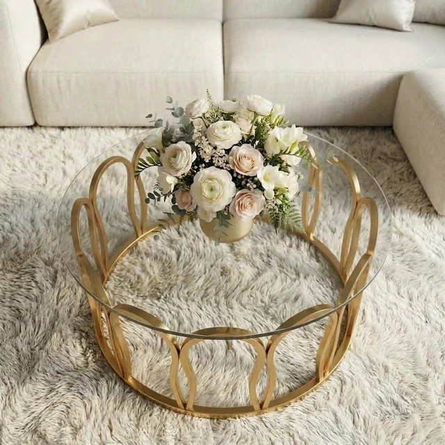 Alt view image 4 of 7 - Round Coffee Table, Glass Top Center Table with Golden Metal Frame Decorative Circle Tea for Living Decor, Clear