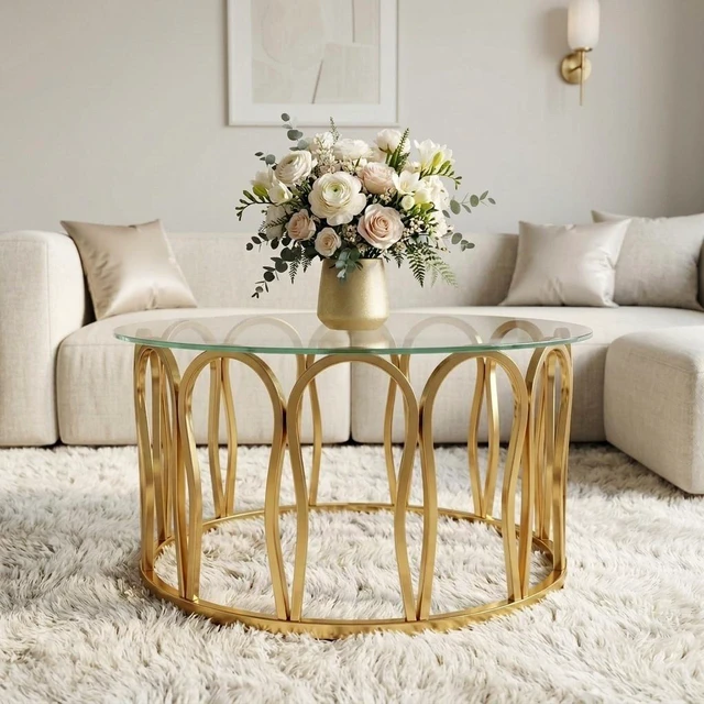 Main image of Round Coffee Table, Glass Top Center Table with Golden Metal Frame Decorative Circle Tea for Living Decor, Clear