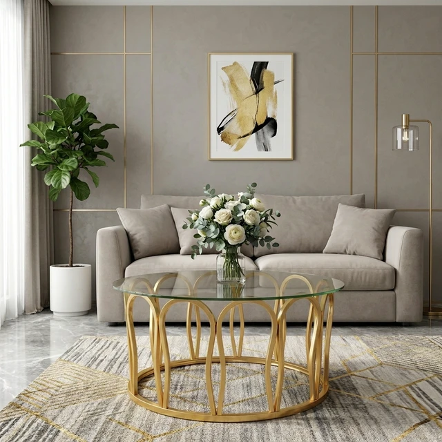 Alt view image 5 of 7 - Round Coffee Table, Glass Top Center Table with Golden Metal Frame Decorative Circle Tea for Living Decor, Clear