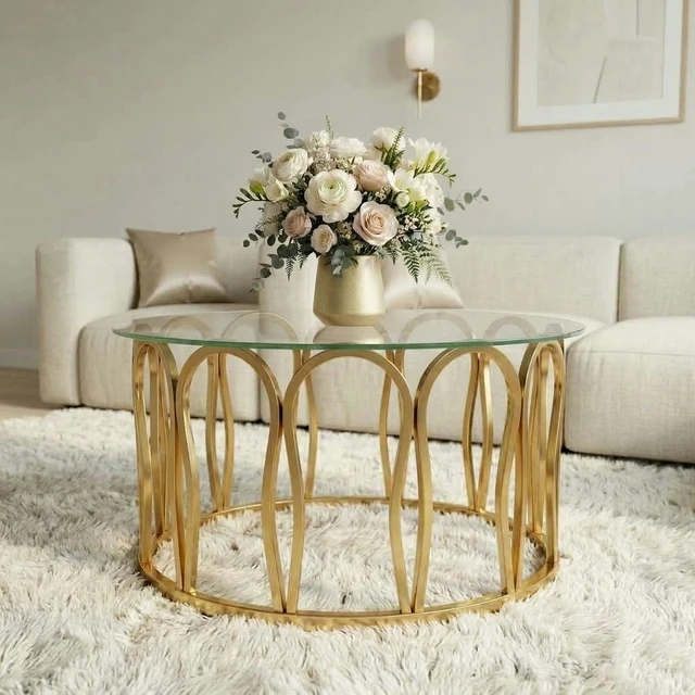Alt view image 3 of 7 - Round Coffee Table, Glass Top Center Table with Golden Metal Frame Decorative Circle Tea for Living Decor, Clear