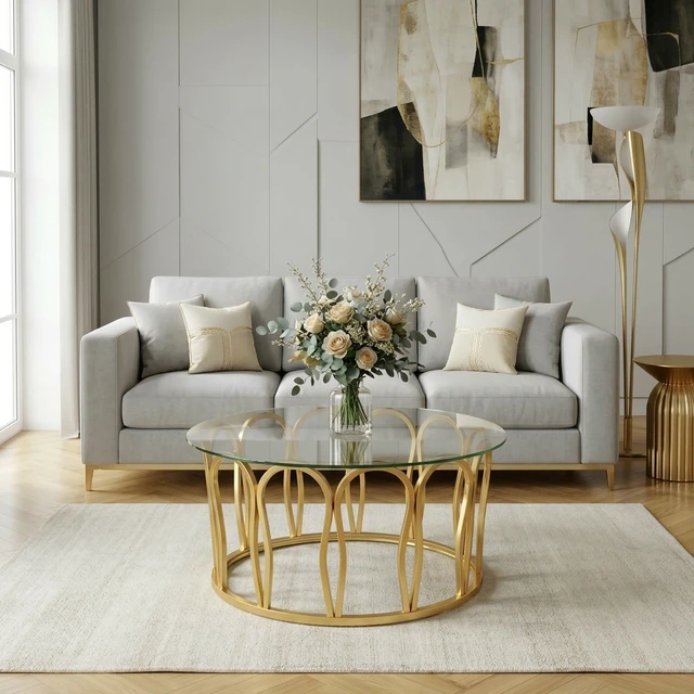 Alt view image 7 of 7 - Round Coffee Table, Glass Top Center Table with Golden Metal Frame Decorative Circle Tea for Living Decor, Clear