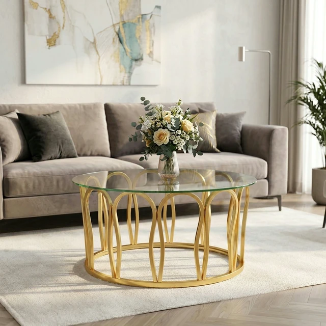 Alt view image 6 of 7 - Round Coffee Table, Glass Top Center Table with Golden Metal Frame Decorative Circle Tea for Living Decor, Clear