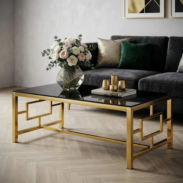 Alt view image 2 of 6 - Rectangular Gold Coffee Table, Tempered Glass Top Coffee Table with Interlocking Geometric Metal Frame Glam Center