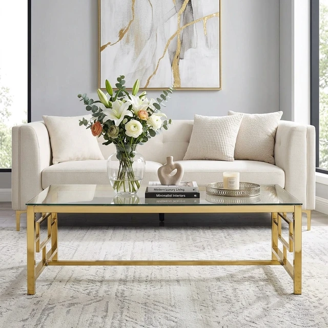 Alt view image 2 of 5 - Rectangular Gold Coffee Table, Tempered Glass Top Coffee Table with Interlocking Geometric Metal Frame Glam Center