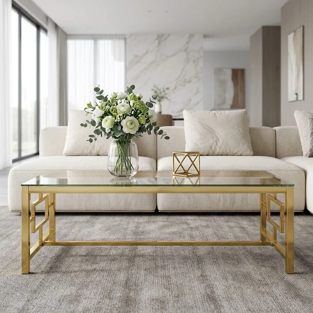 Alt view image 5 of 5 - Rectangular Gold Coffee Table, Tempered Glass Top Coffee Table with Interlocking Geometric Metal Frame Glam Center