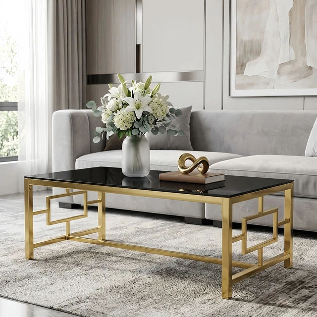 Alt view image 5 of 6 - Rectangular Gold Coffee Table, Tempered Glass Top Coffee Table with Interlocking Geometric Metal Frame Glam Center