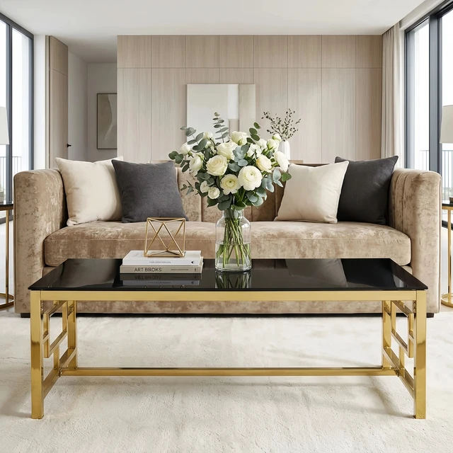 Alt view image 4 of 6 - Rectangular Gold Coffee Table, Tempered Glass Top Coffee Table with Interlocking Geometric Metal Frame Glam Center