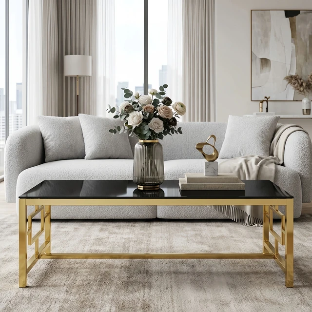 Alt view image 6 of 6 - Rectangular Gold Coffee Table, Tempered Glass Top Coffee Table with Interlocking Geometric Metal Frame Glam Center