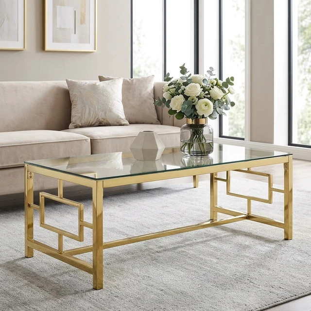 Alt view image 3 of 5 - Rectangular Gold Coffee Table, Tempered Glass Top Coffee Table with Interlocking Geometric Metal Frame Glam Center