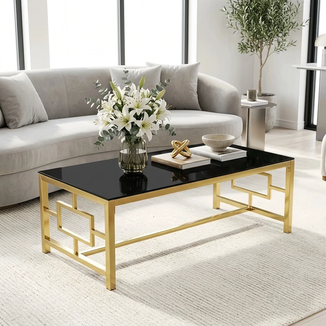 Alt view image 3 of 6 - Rectangular Gold Coffee Table, Tempered Glass Top Coffee Table with Interlocking Geometric Metal Frame Glam Center