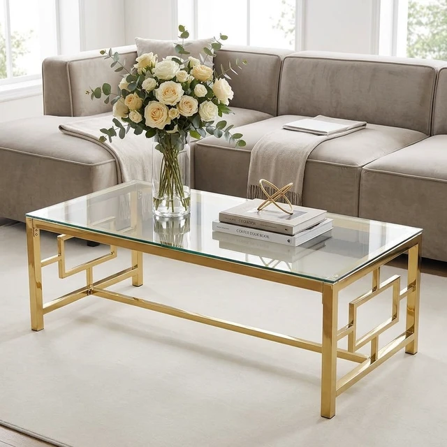 Alt view image 4 of 5 - Rectangular Gold Coffee Table, Tempered Glass Top Coffee Table with Interlocking Geometric Metal Frame Glam Center