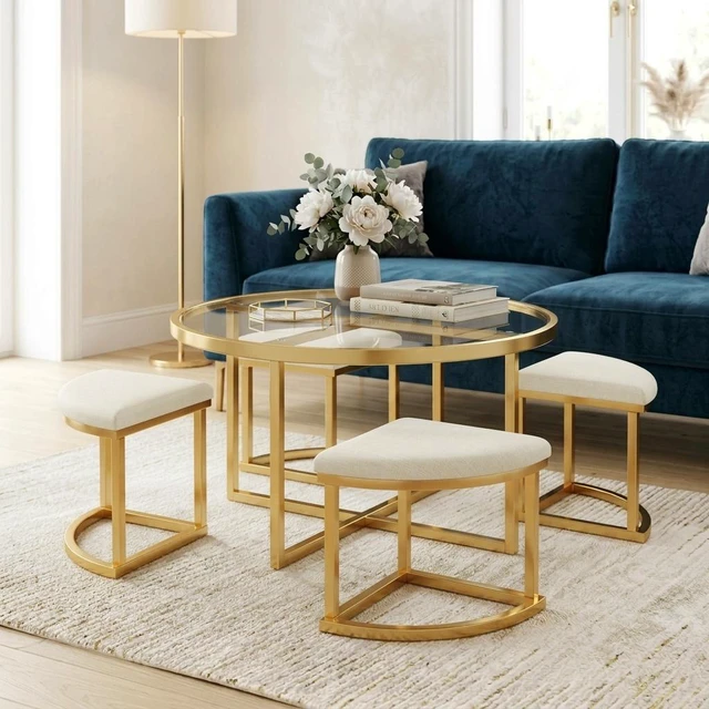 Main image of Round Coffee Table Set with Nesting Stools, Tempered Glass Top and Gold Metal Frame Space Saving Cocktail Table