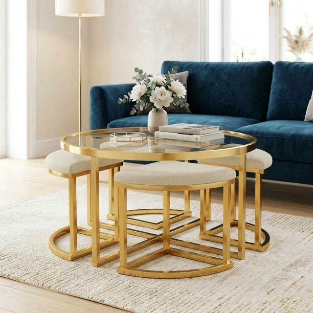 Alt view image 2 of 7 - Round Coffee Table Set with Nesting Stools, Tempered Glass Top and Gold Metal Frame Space Saving Cocktail Table