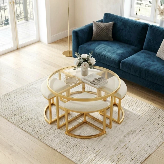 Alt view image 4 of 7 - Round Coffee Table Set with Nesting Stools, Tempered Glass Top and Gold Metal Frame Space Saving Cocktail Table
