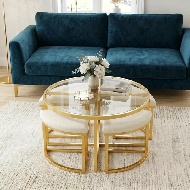 Alt view image 3 of 7 - Round Coffee Table Set with Nesting Stools, Tempered Glass Top and Gold Metal Frame Space Saving Cocktail Table