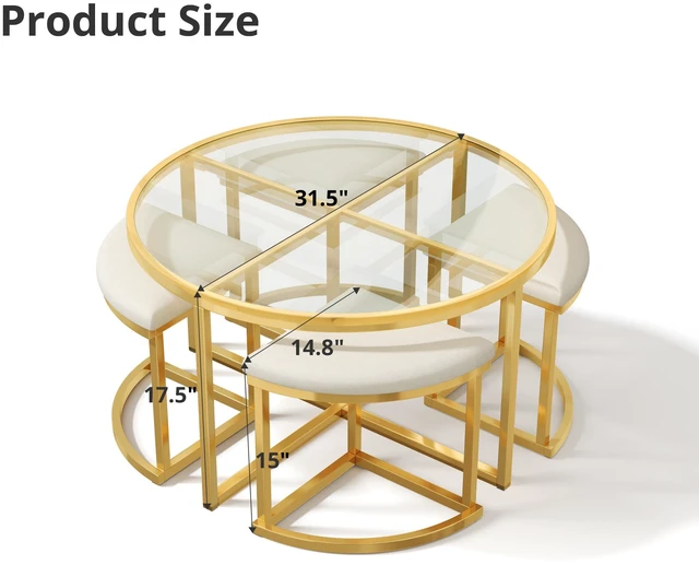 Alt view image 5 of 7 - Round Coffee Table Set with Nesting Stools, Tempered Glass Top and Gold Metal Frame Space Saving Cocktail Table