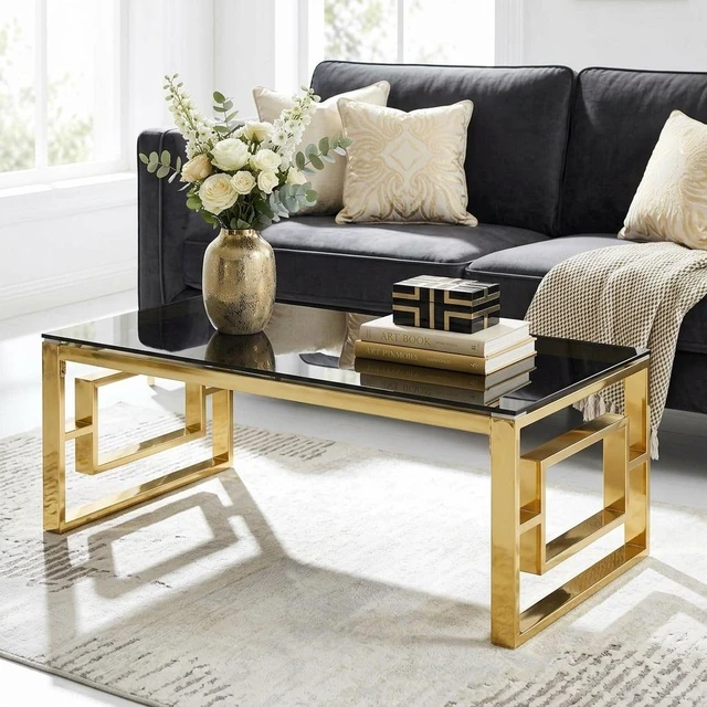 Main image of Rectangular Gold Coffee Table, Tempered Glass Top Coffee Table with Geometric Gold Metal Frame Accent Center