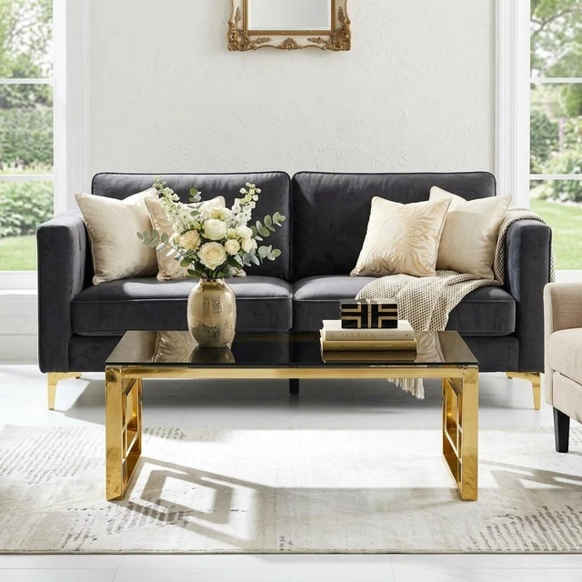 Alt view image 3 of 7 - Rectangular Gold Coffee Table, Tempered Glass Top Coffee Table with Geometric Gold Metal Frame Accent Center