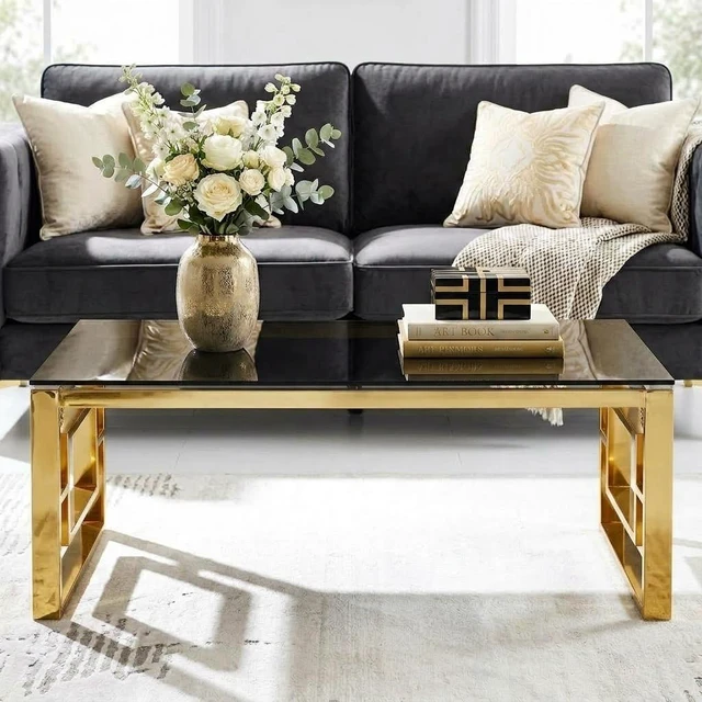 Alt view image 2 of 7 - Rectangular Gold Coffee Table, Tempered Glass Top Coffee Table with Geometric Gold Metal Frame Accent Center