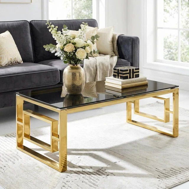 Alt view image 4 of 7 - Rectangular Gold Coffee Table, Tempered Glass Top Coffee Table with Geometric Gold Metal Frame Accent Center