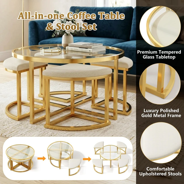 Alt view image 6 of 7 - Round Coffee Table Set with Nesting Stools, Tempered Glass Top and Gold Metal Frame Space Saving Cocktail Table